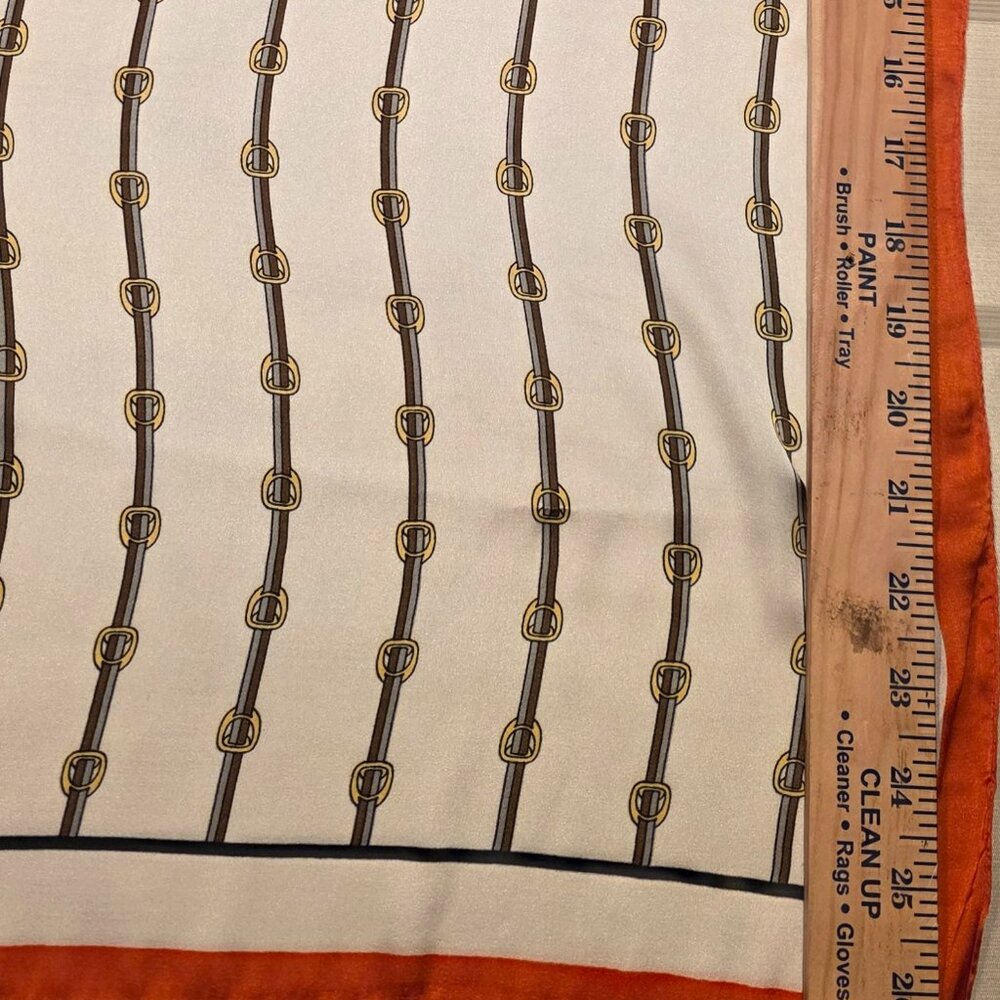 Vintage Equestrian Print Silky Feel Scarf With Orange Border - Picture 8 of 8